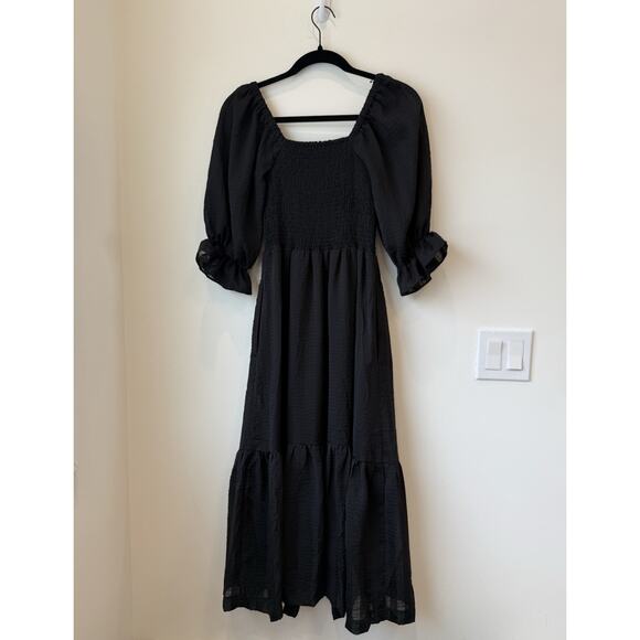 Madewell Women's Lucie Elbow-Sleeve Smocked Midi Dress XXS Black - Picture 3 of 9